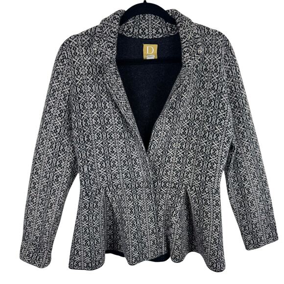 Damask 100% Merino Wool Black Cream Collared Snap Front Blazer Sweater Size L - Picture 1 of 6